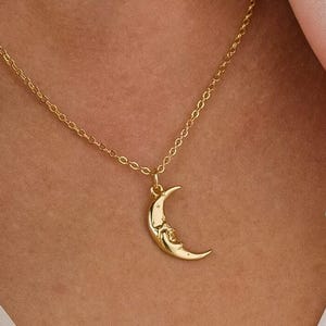 Moon face necklace, dainty minimal classy celestial gold plated tanish resistant boho chic jewelry