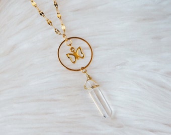 Crystal quartz butterfly dainty necklace, golden stainless steel, fly darling necklace