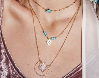Dainty summer necklaces, turquoise and aura quartz crystal, golden coins, Tropical Runaway necklace set
