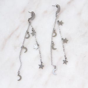 Astrology-Inspired Moon Star Chain Earrings – Tarnish-Resistant Jewelry, Space-Inspired Stainless Steel, Cosmic, Celestial Edgy Earrings