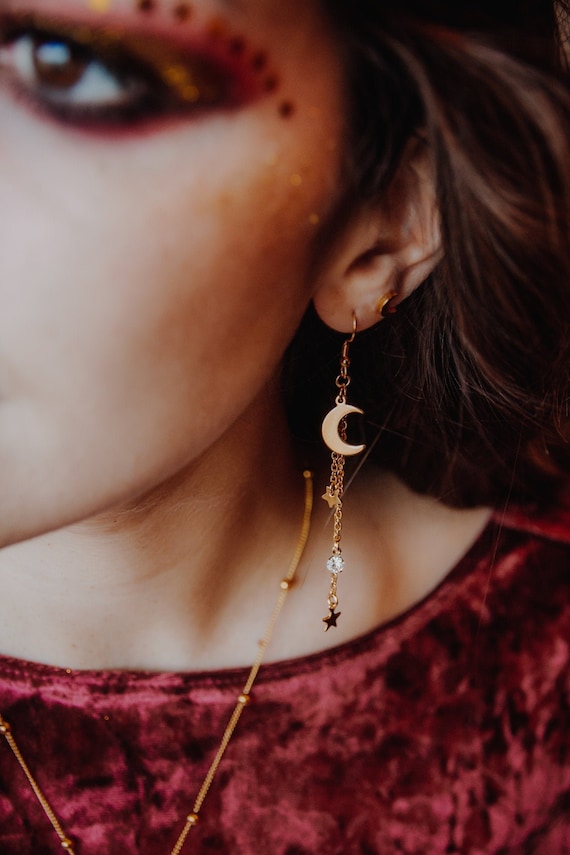 Celestial Moon and stars threaded dainty long earrings waterproof gold plated stainless steel dreamy fairy core jewelry