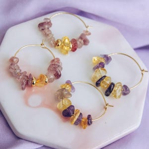 Natural stone and crystals, stainless steel waterproof hoops, minimal boho earrings, amethyst, citrine, strawberry quartz, gemstone chips