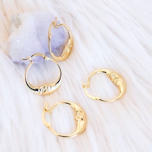 Gold Plated Moon Face Hoop Earrings, Cubic Zirconia Celestial Earrings, dreamy fairy luna hoops