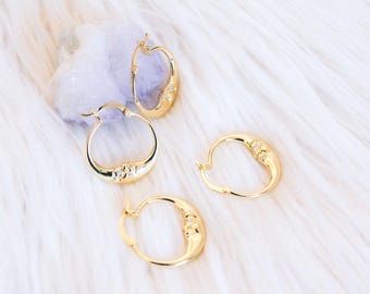 Gold Plated Moon Face Hoop Earrings, Cubic Zirconia Celestial Earrings, dreamy fairy luna hoops