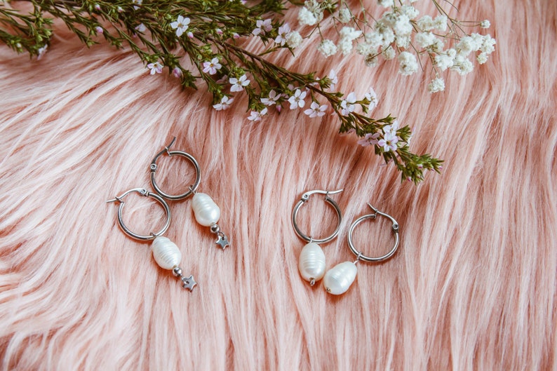 dainty tiny hoops Natural pearls hoop earrings freshwater pearls stainless steel hoops