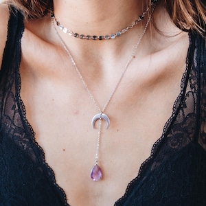 Dreamy celestial magical necklaces, crescent moon and big lilac glass teardrop with round disks choker ~  &quot;Reaching for the moon&quot;