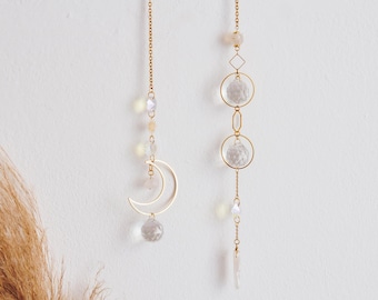 Celestial Sun Catcher with Crystals • Moon Sun • Rainbow Maker Window Decor • Boho Celestial Room Decor • Prism Hanging