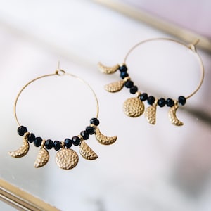 Moon Phases Hoop Earrings – Gold plated Stainless Steel, Boho Astrology-Inspired Jewelry, Hammered Lunar Charms, Hypoallergenic & Waterproof