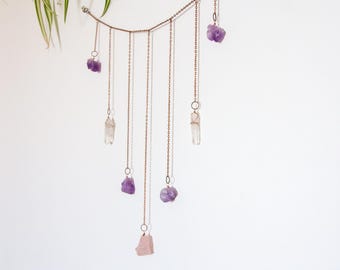 Crystal Garland • Boho Home Decor Wall Hanging • Amethyst Rose Quartz, crystal quartz