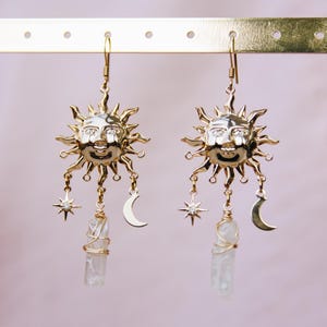 Gold Plated Sun, Moon and Star earrings with Crystal aura Quartz | Celestial Jewelry, Boho Chic, Handmade, Radiant Sun Pendant, Gift for Her