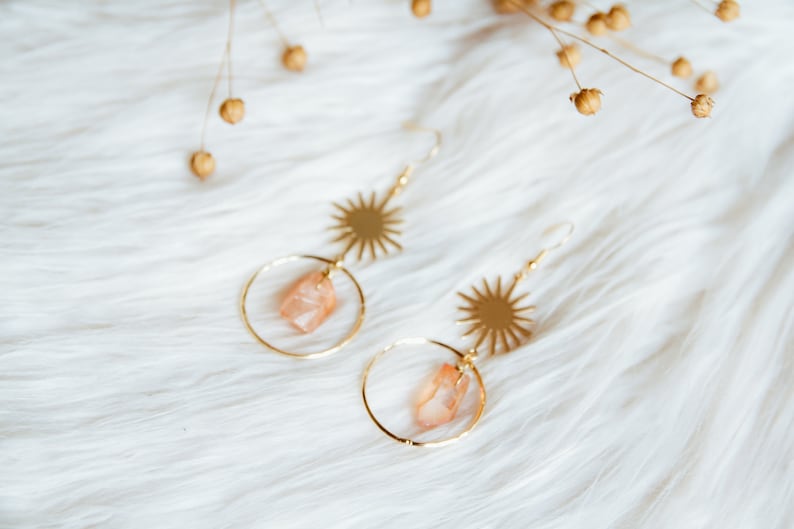 Sun dreamy celestial earrings with orange aura quartz ~ a sunny spring earrings