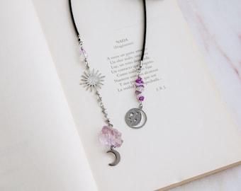 Celestial Bookmark: Stainless Steel Sun, Moon, Crystals, Vegan Suede