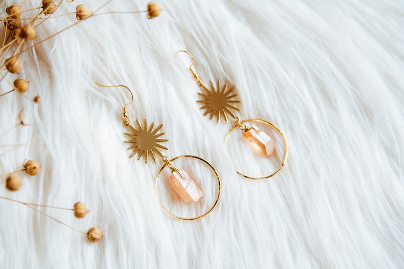 Sun dreamy celestial earrings with orange aura quartz ~ a sunny spring earrings