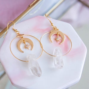 Celestial crystal quartz and moon dreamy hoop earrings ~ Anwen earrings