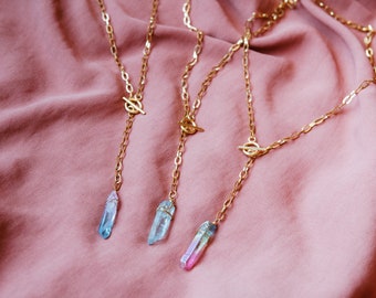 Aura quartz necklace, T closure , dainty golden chain stainless steel necklace