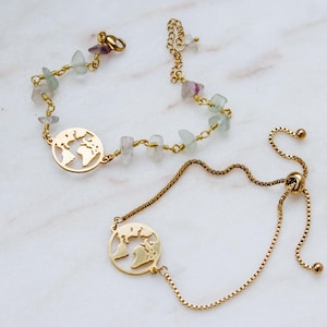 Gold World Map Bracelet - Minimalist Travel Jewelry for Wanderlust Lovers, Globe Charm Bracelet - Gold Travel Bracelet for Adventure Seekers