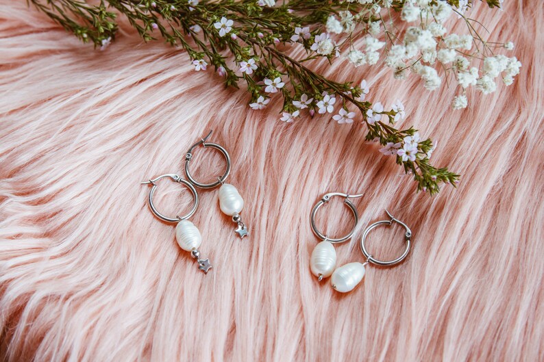dainty tiny hoops Natural pearls hoop earrings freshwater pearls stainless steel hoops