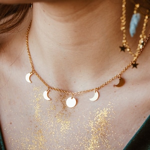 Moonphases golden or silver necklace, stainless steel dainty dreamy choker image 1