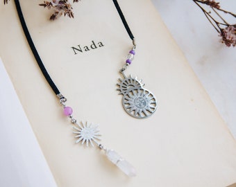 Bookmark, book thong with beads, crystals and stainless steel pendants in vegan suede cord