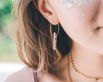 Customisable crystal hoops, clear Aura coated rainbow Quartz Hoop Earrings, Stainless Steel waterproof custom boho chic jewelry