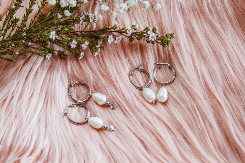 dainty tiny hoops Natural pearls hoop earrings freshwater pearls stainless steel hoops