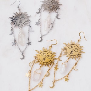 Celestial Sun & Moon Earrings - Gold or Silver Cosmic Dangles - Boho Sunburst Jewelry - Crystal Statement Earrings - Astrology Gift