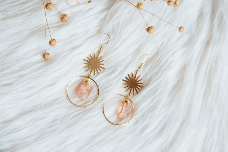 Sun dreamy celestial earrings with orange aura quartz ~ a sunny spring earrings