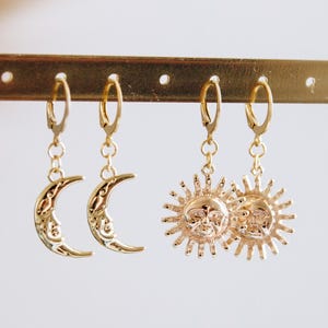 Golden sun and moon hoops, minimal celestial dreamy earrings, dainty sun moon face hoop earrings, gold plated waterproof