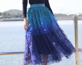 Tiered Ruffled Blue Gradient Pleated Tulle Skirt,handmade Tiered Ruffled Blue Gradient Pleated Tulle Skirt,handmade