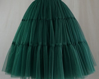 Classic High Waist Paneled Tulle Skirt,Women's A-Line Stretch Skirt,Vintage  Dark Green Skirt,Three Layer Tulle Skirt,Custom Tulle Skirt