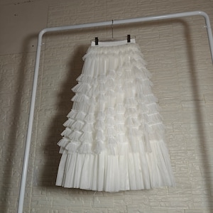 White Ruffled Fairy tulle skirt,Full flowy long skirt,Women A-line Elastic High waist skirt,Pleated splicing  midi skirt,Custom tulle skirt