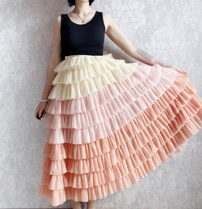 Romantic Layered Rainbow Pleated Tulle Maxi Skirt, Gradient Mesh
