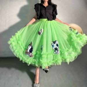 Romantic Green layered tulle long skirt,Mesh skirt women,Handmade prom skirt,Ruffled Fairy tulle skirt,Wedding skirt,Custom tulle skirt