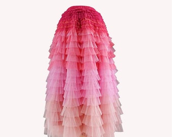 Tiered Ruffled  Pink gradient Pleated Tulle Skirt,elastic high waist skirts,Ruffled Fairy skirt,Custom tulle skirt,Women  Swing Skirt