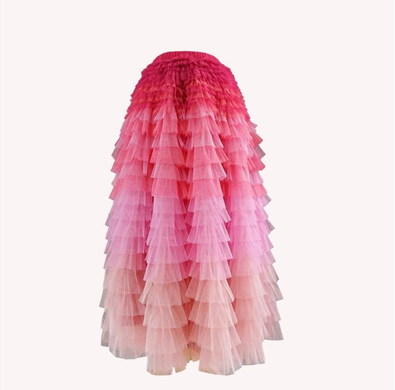 スカート Rose motif ribbon tulle skirt (long)pink Tiered Ruffled Pink Gradient Pleated Tulle Skirt,elastic
