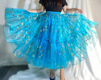 Blue pastoral flower embroidered skirt,layered organza skirt,Mid-length skirt,Plus size tulle mesh skirt,Handmade prom skirt,Custom skirt