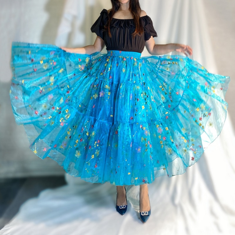 Blue Floral Embroidered Tulle Skirt main image 1