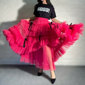 Front Short Back Long Tail Style,Black bow adult tulle skirt,Beach Photoshoot Skirt,Irregular ruffled cake skirt,Mesh tulle with Train image 3