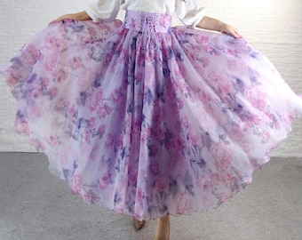 Dream purple floral chiffon skirt,Spring and summer romantic chiffon skirt,Super fluffy skirt,Custom  skirt,Evening tulle skirt,Gift for her