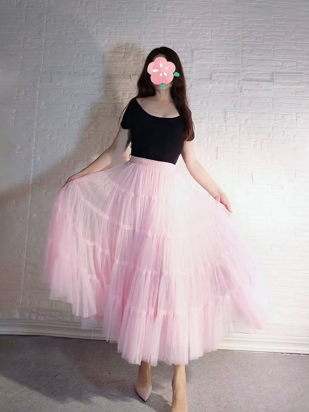 【レア商品】é tulle frill long tee (pink) Women's Tulle Skirt: Pink High Waist A-line Swing Skirt,two