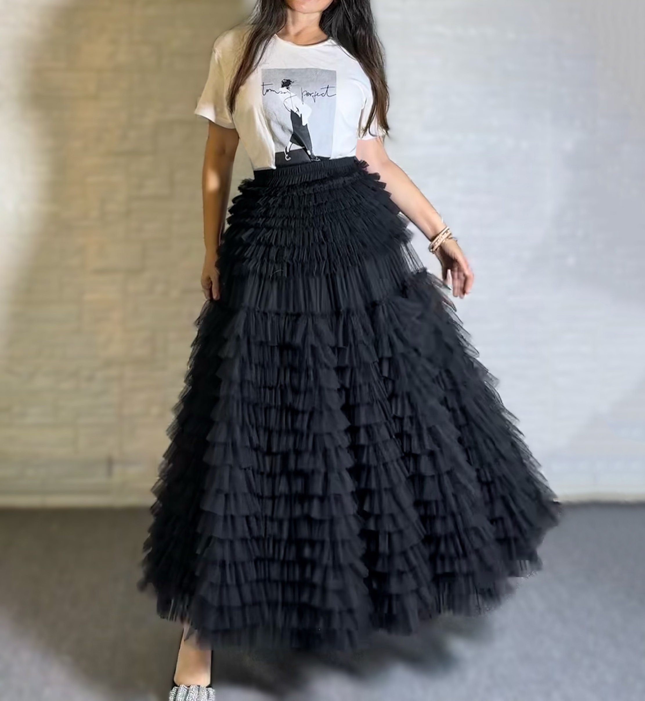 ◎person&people black tulle long skirt Romantic Black Layered Tulle Long Skirt,plus Size Tulle Mesh