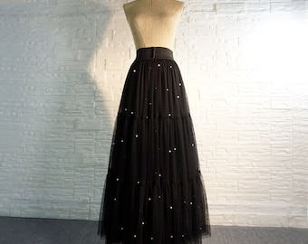 Classic pearl tulle skirt,High waist mesh tulle skirt,Retro pendulum black tulle skirt,Pleated fairy skirt,Holiday skirts,Custom-made skirts