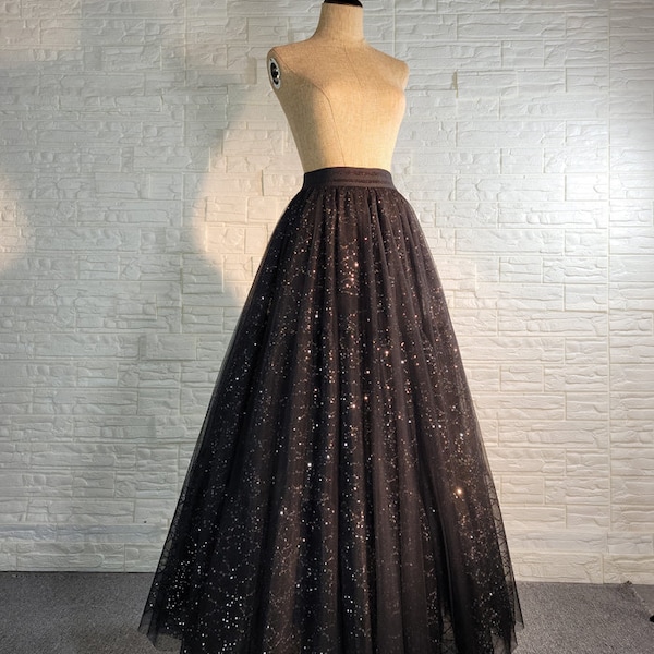 Jupe en tulle classique, jupe noire à sequins, jupe trapèze extensible taille haute pour femme, robe noire rétro polyvalente, jupe de soirée, jupe en tulle personnalisée