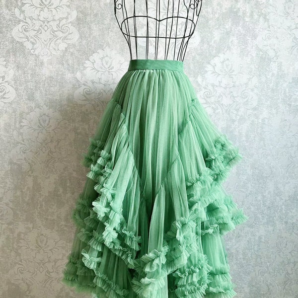 Romantic layered tulle long skirt,Plus size tulle mesh skirt,Handmade prom skirt,Ruffled Fairy tulle skirt,Wedding skirt,Custom tulle skirt