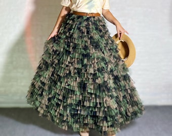 Camo Flared Tulle Skirt,romantic Layered Tulle Long Skirt,gradient