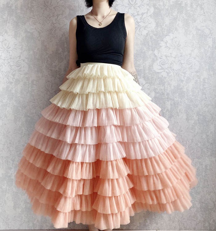 Contrast color double-layered tulle long-sleeved maxi dress main image 1