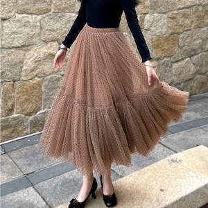 Retro style flocking polka-dot mesh,A-line stretch high-waist skirt,Stitching skirt,Autumn Winter mesh skirt,Holiday skirt,Custom skirt