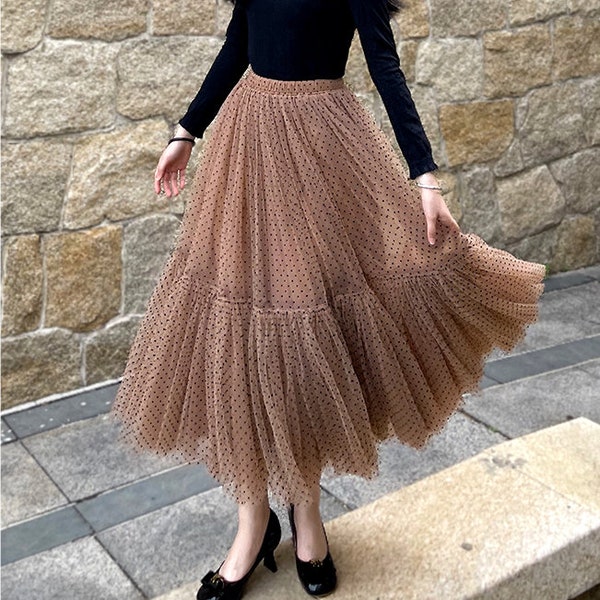 Retro style flocking polka-dot mesh,A-line stretch high-waist skirt,Stitching skirt,Autumn Winter mesh skirt,Holiday skirt,Custom skirt