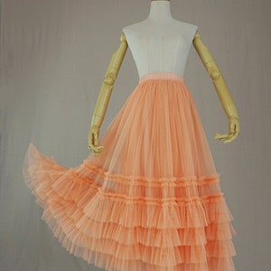 Romantische gelaagde tule maxi-rok, handgemaakte stretch rok met hoge taille, gegolfde sprookjes tule rok, trouwrok, aangepaste tule rok