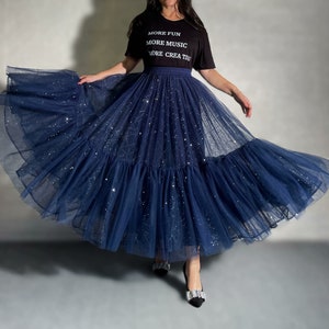 Blue Sequined Skirt, Ombre Layered Mesh Holiday Skirt,retro